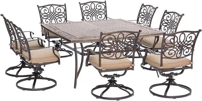 Hanover Traditions 9-Piece Bronze Patio Dining Set with Tan Cushions