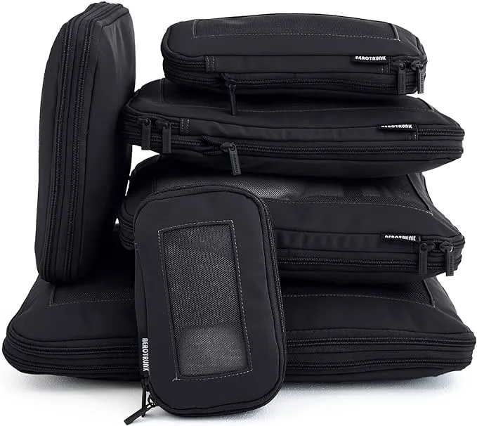 Aerotrunk Compression Packing Cubes for Travel - Luggage Organizer Bags - Double Zipper Packing Cubes for Suitcases (6-Pack, Black)