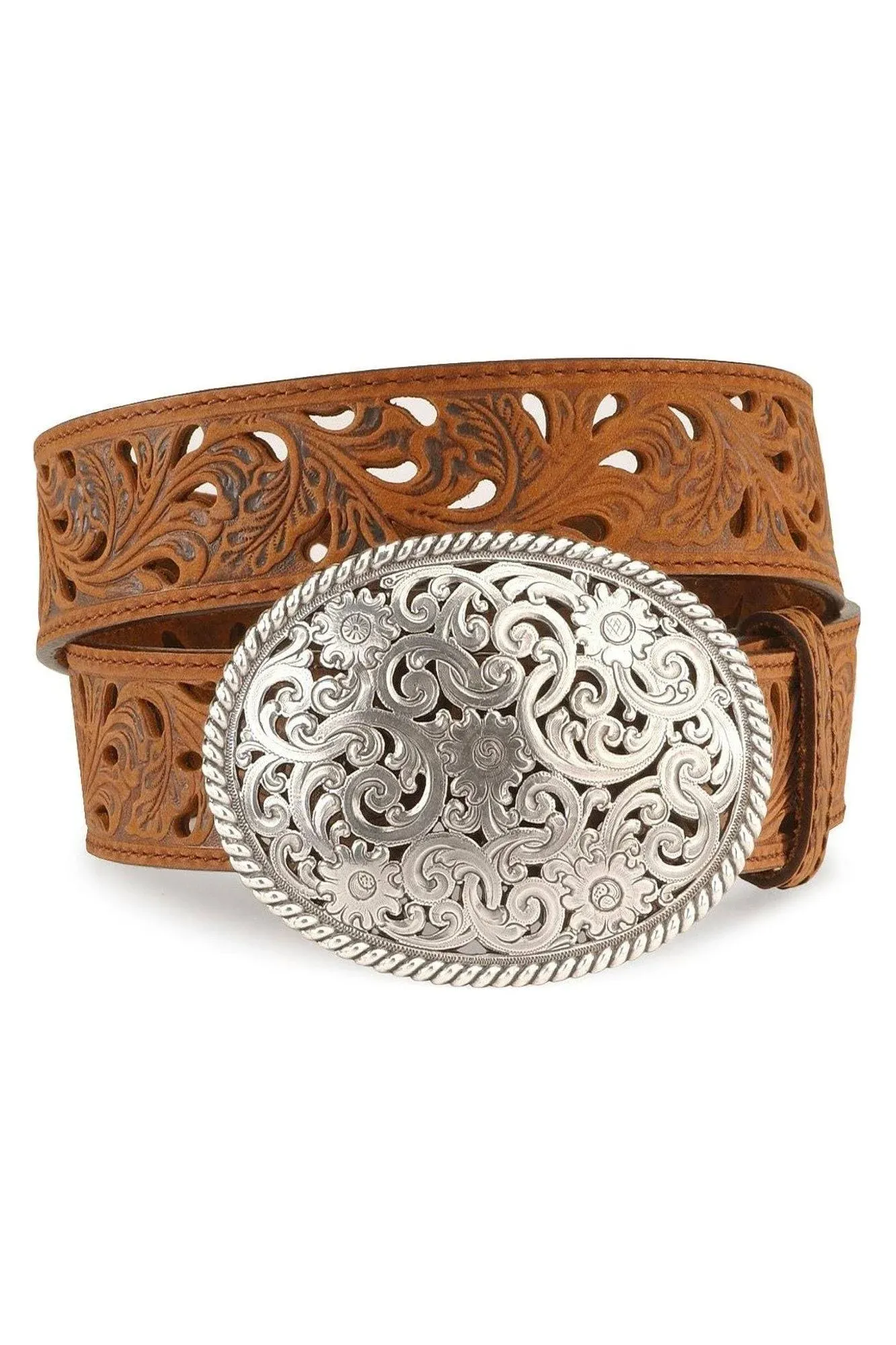 Justin Women&#39;s Pierced Filigree Trophy Buckle Leather Belt C50029