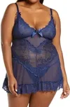 Women's Sheer Cup Lacey Baby Doll With G-string 2pc Lingerie Set In Estate Blue