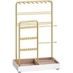 SONGMICS Jewelry Holder, Jewelry Organizer, Jewelry Display Stand with Metal Frame and Velvet Tray, Necklace Earring Bracelet Holder, for Studs, Rings, Christmas Gift, Gold Color UJJS021A01