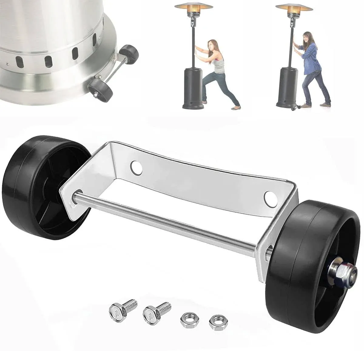 Universal Patio Heater Wheel Kit-Stainless Steel Silver Bracket + Black Wheels