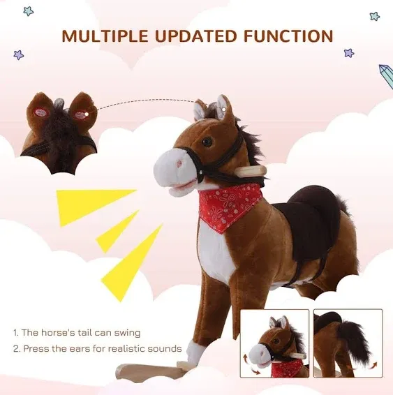 Qaba Kids Ride on Rocking Horse Plush Toy with Realistic Sounds and Red Scarf for Over 3 Years Old Birth Gift