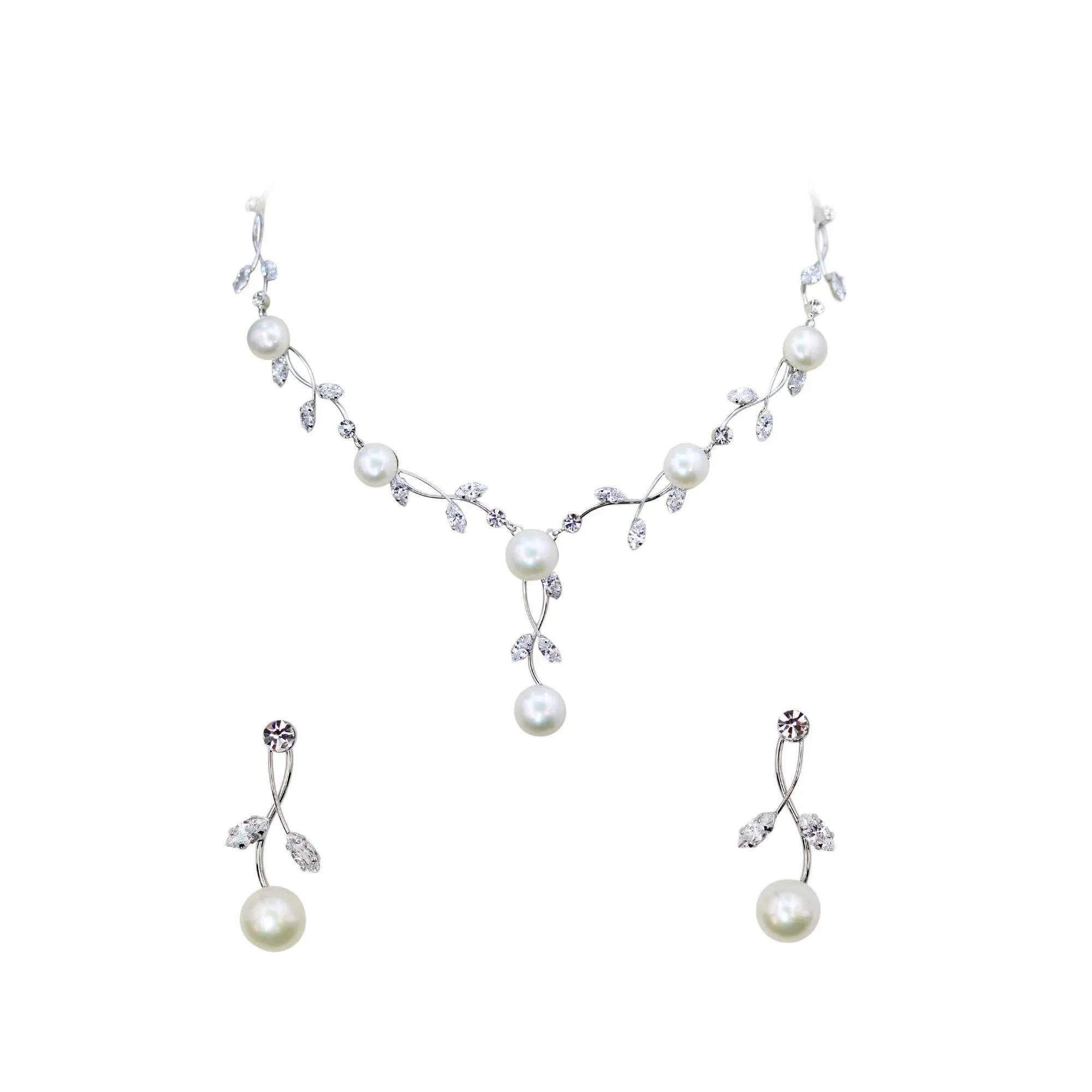 Faship Gorgeous CZ Crystal Freshwater Pearls Floral Necklace Earrings Set, Women's, Clear