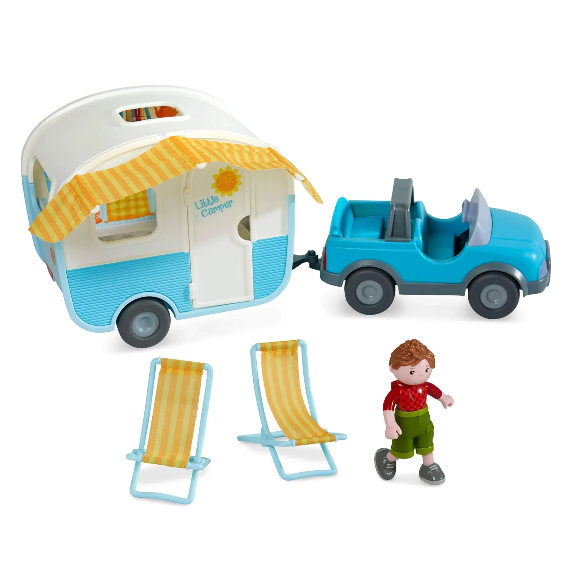 HABA Little Friends Vacation Camper Play Set with All Terrain Push & Go Vehicle, 2 Lawn Chairs and 4" Bendy Boy Doll Figure