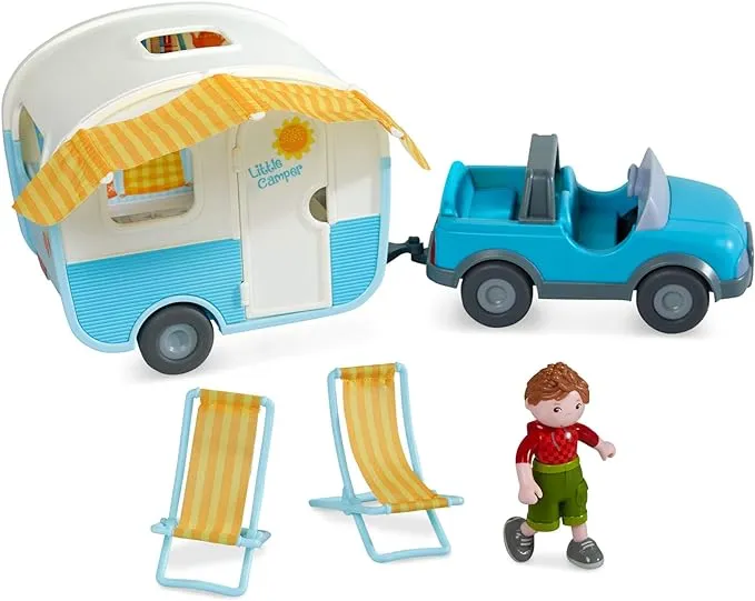 HABA Little Friends Vacation Camper Play Set with All Terrain Push & Go Vehicle, 2 Lawn Chairs and 4" Bendy Boy Doll Figure