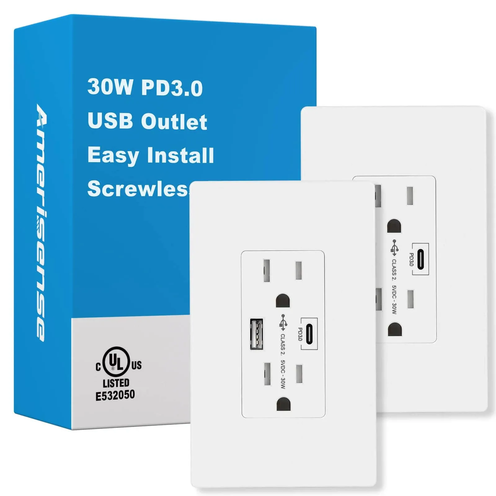 Amerisense 30W Pd3.0 USB Wall Outlet, 15 Amp Tamper-Resistant Receptacle with USB ...