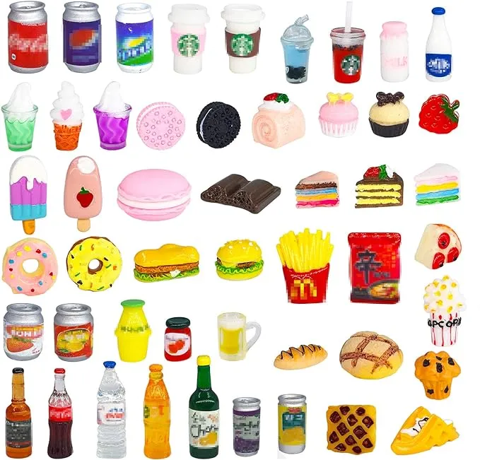 50 Pcs Miniature Food Drink Bottles Soda Pop Cans Pretend Play Kitchen Game Party Accessories Toys Hamburg Cake Ice Cream for 1/12 Doll House (25Food+25Drink)