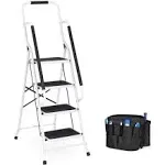 Best Choice Products 4-Step Portable Folding Anti-Slip Steel Safety Ladder with Handrails & Attachable Tool Bag, White