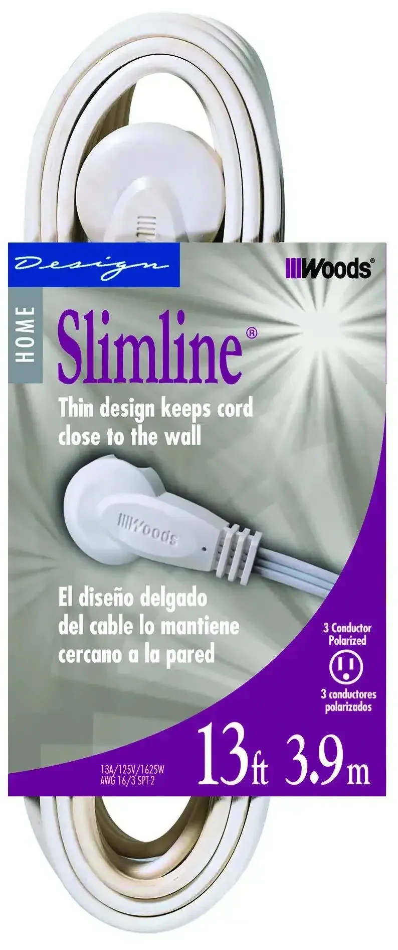 Woods Slimline 2232 Angled Flat Plug Extension Cord, Space Saving Flat Design