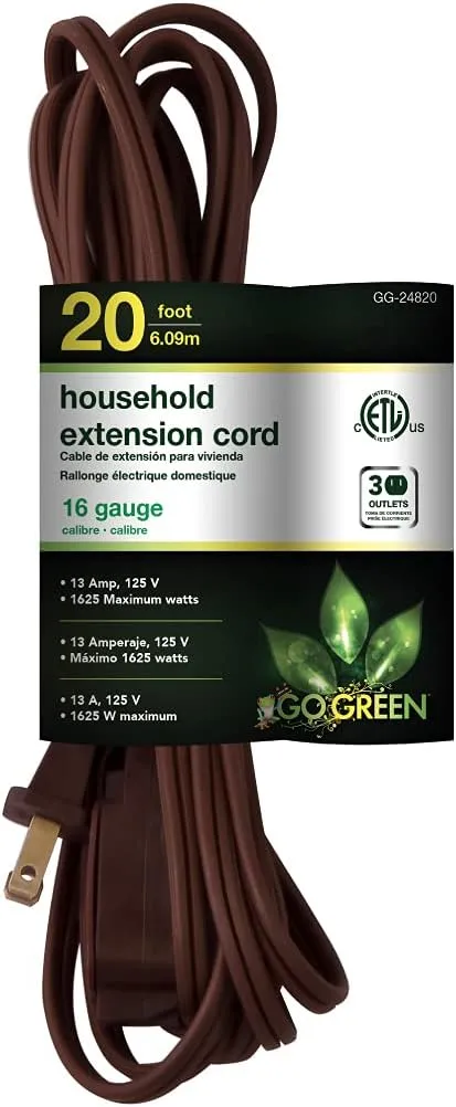 Gogreen Power GG-24820 16/2 20' Household Extension Cord - Brown