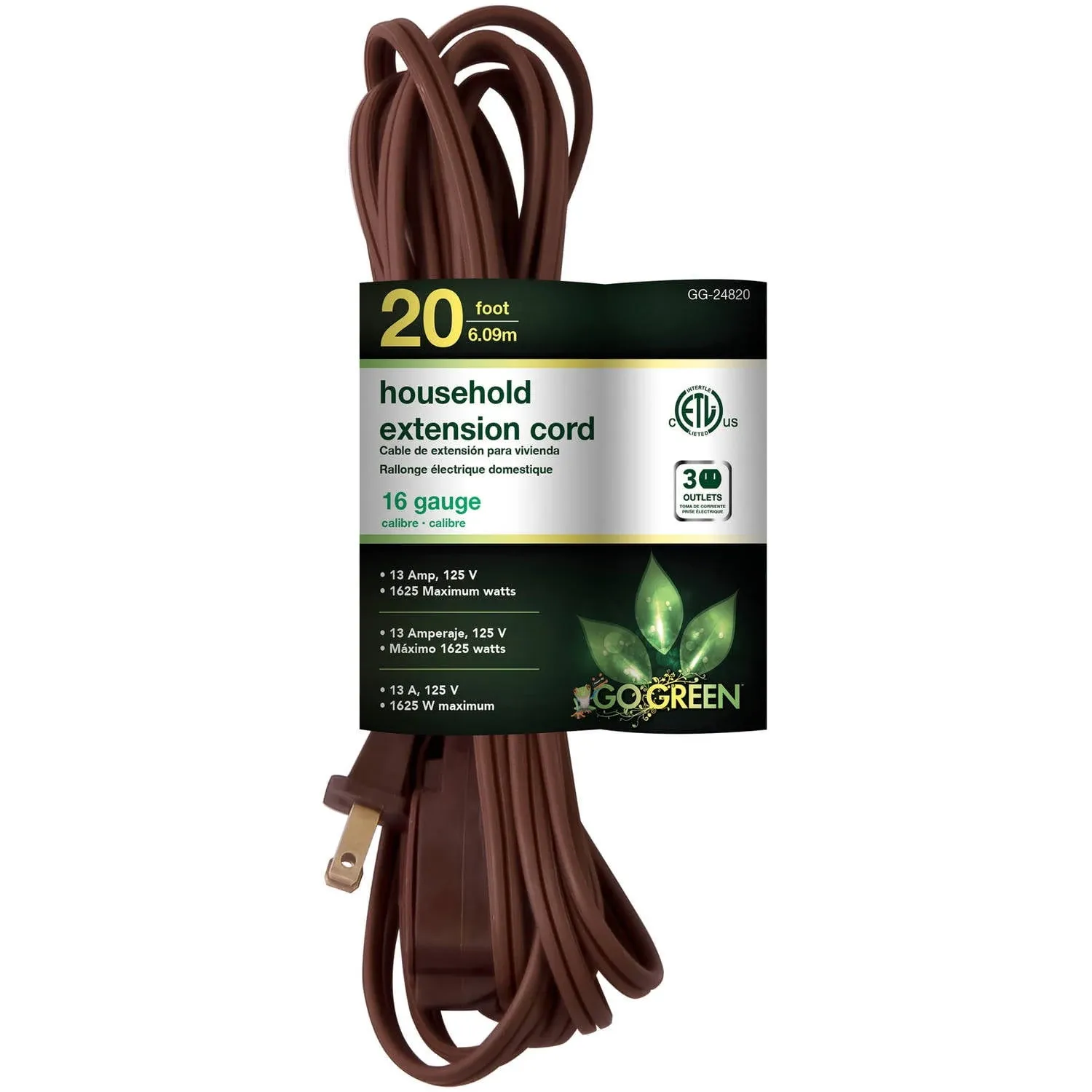 Gogreen Power GG-24820 16/2 20' Household Extension Cord - Brown