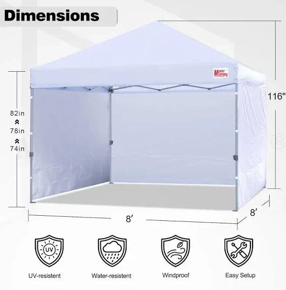 MASTERCANOPY 8' x 8' Heavy Duty Pop-up Canopy Tent Commercial Grade with 4 Sidewalls, White