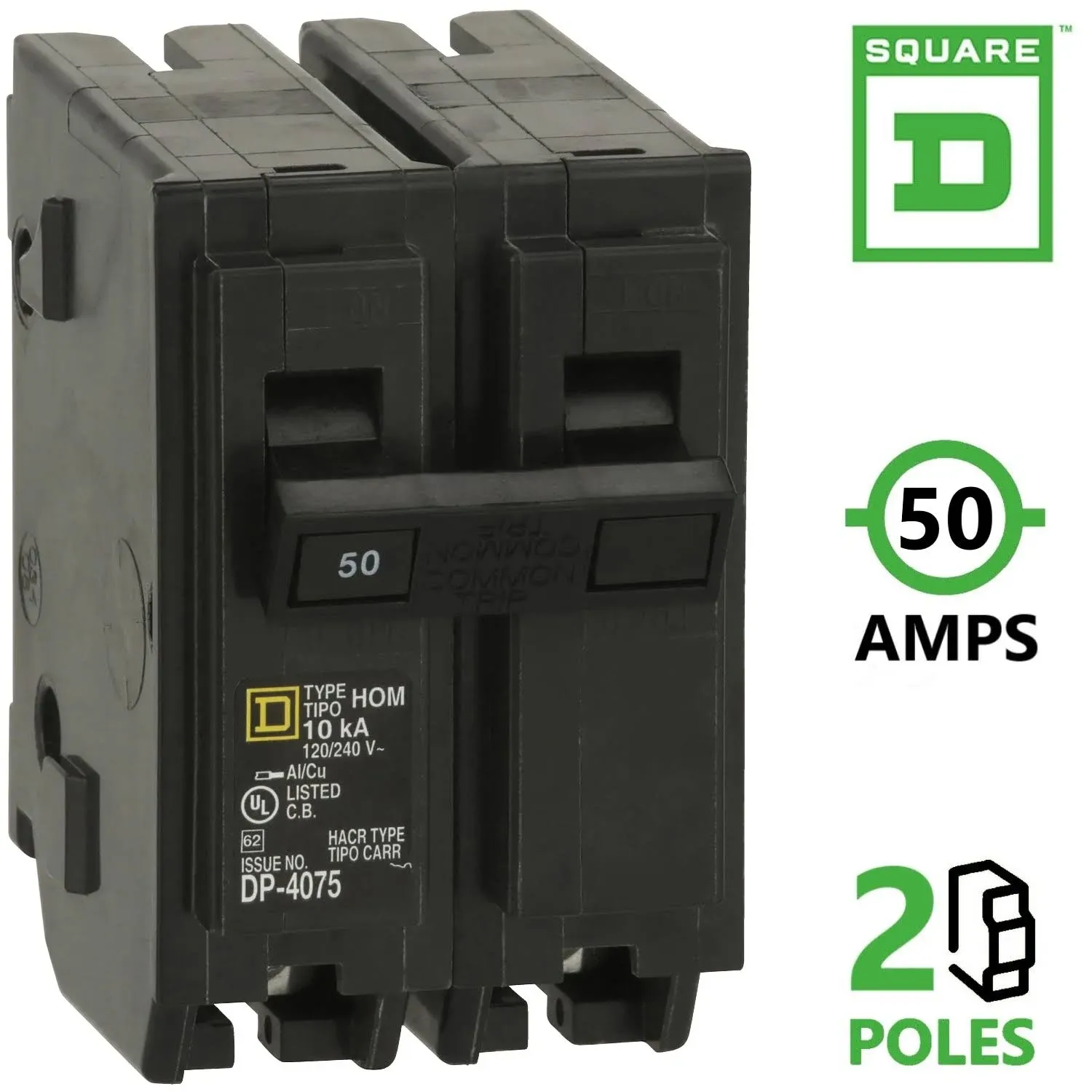 Square D 50 Amp Circuit Breaker HOM250 Homeline 2 Pole Plug In 50A, 120/240V, AC, Single Phase