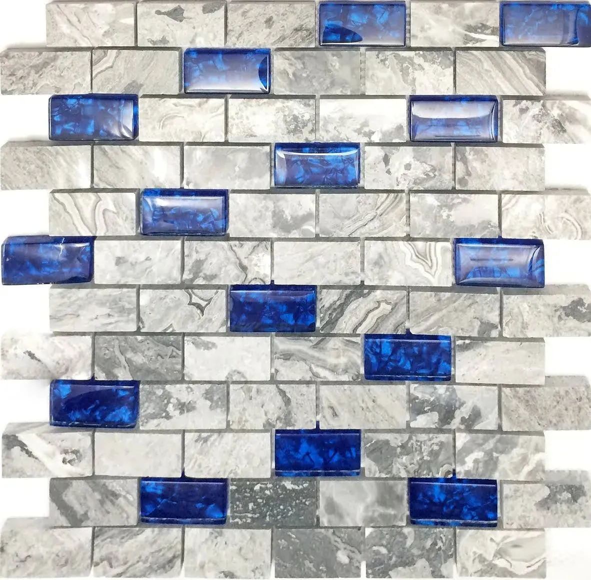 Hominter 11-Sheets Navy Blue Glass Mosaic Tile Rectangle, Gray Natural Marble 1" x 2" Subway Mini Brick, Wall and Floor Tiles in