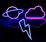 VIOPVERY 3 Pcs Neon Signs for Wall Decor, LED Neon Lights Signs for Bedroom Wall, LED Cloud Lightning Planet Neon Lights for Kids Room,Gift,Party,Birthday,Christmas,Wedding,Bar