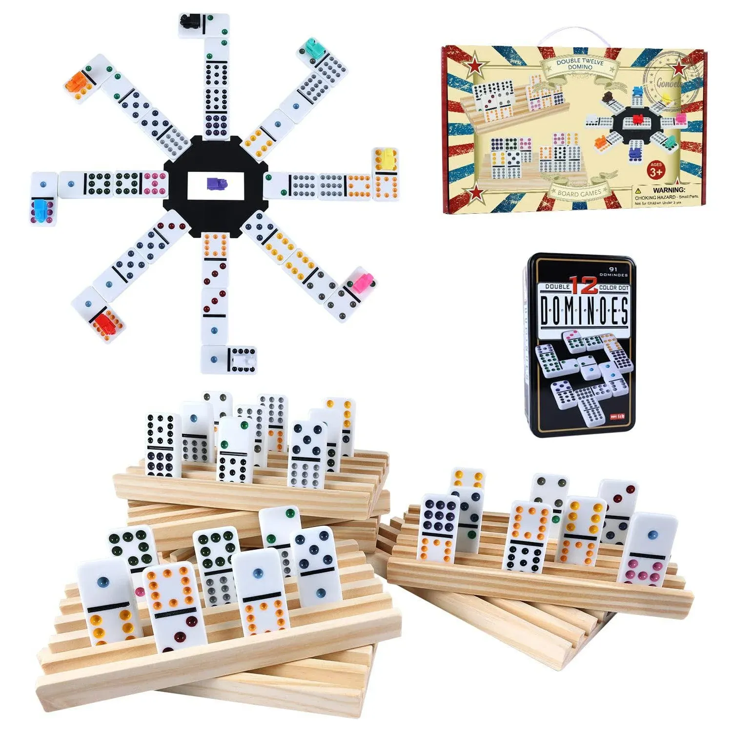 gonoelec Mexican Train Dominoes Set with 8pcs Wooden trays/rack/holder, 91 Tiles ...