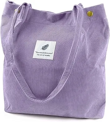 Corduroy Tote Bag for Women Canvas Shoulder Cord Purse with Inner Pocket