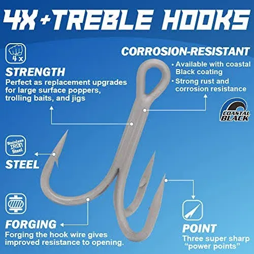 4X-Treble-Hooks-Saltwater-Big-Game-Fishing-Hooks Ultra Strong Stainless Size 3/0 1/0 2/0 4/0 5/0