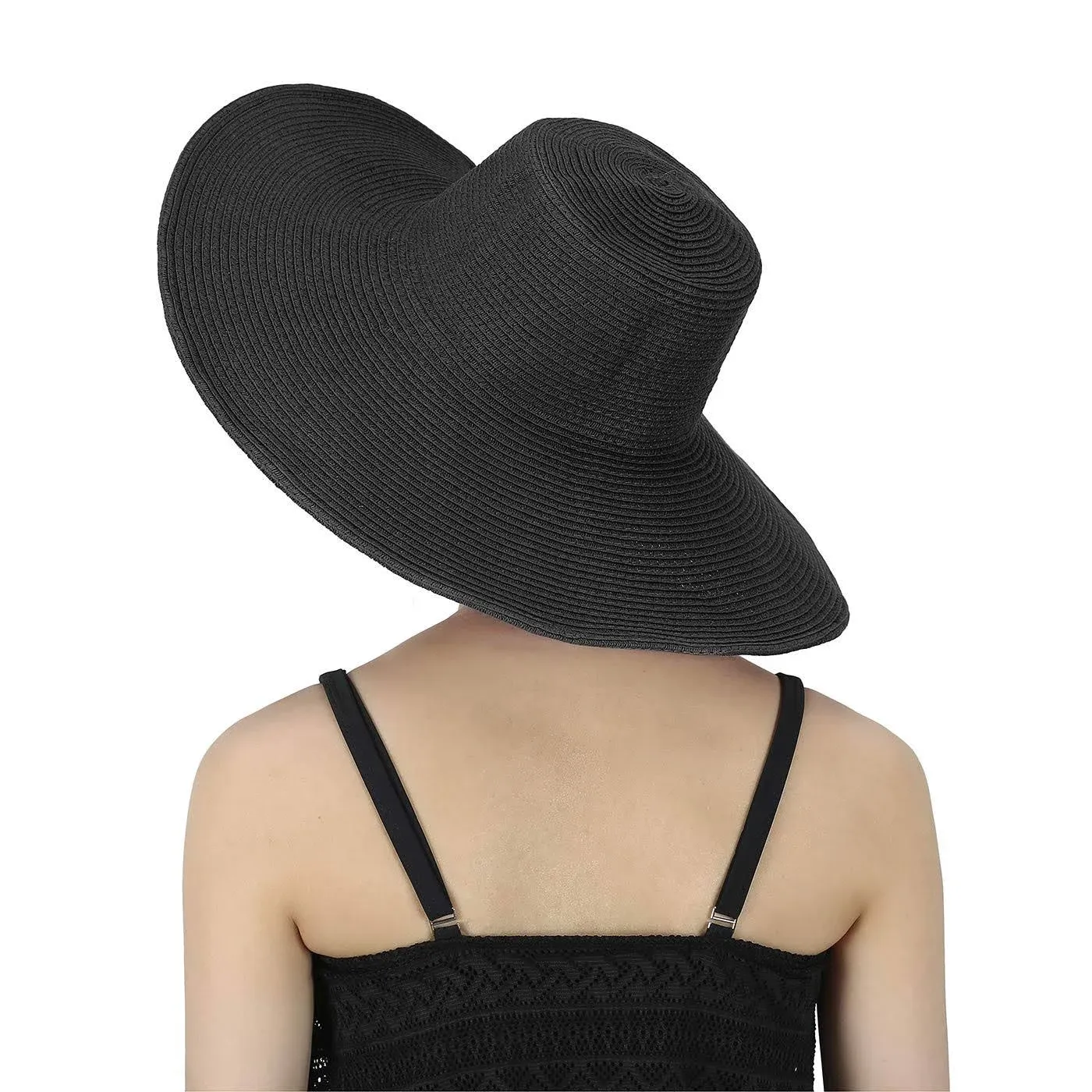 Hde Women's Wide Brim Sun Hat Floppy Packable Straw Beach, Black