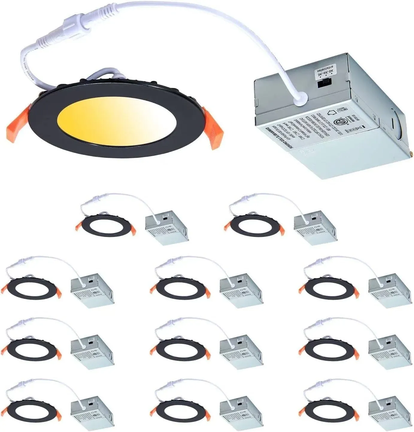 CycevSun 12 Pack Black Recessed Lights, Canless 4 inch Soffit Wafer Lighting with Junction Box, Dimmable & 2700K 3000K 3500K 4000K 5000K Selectable,