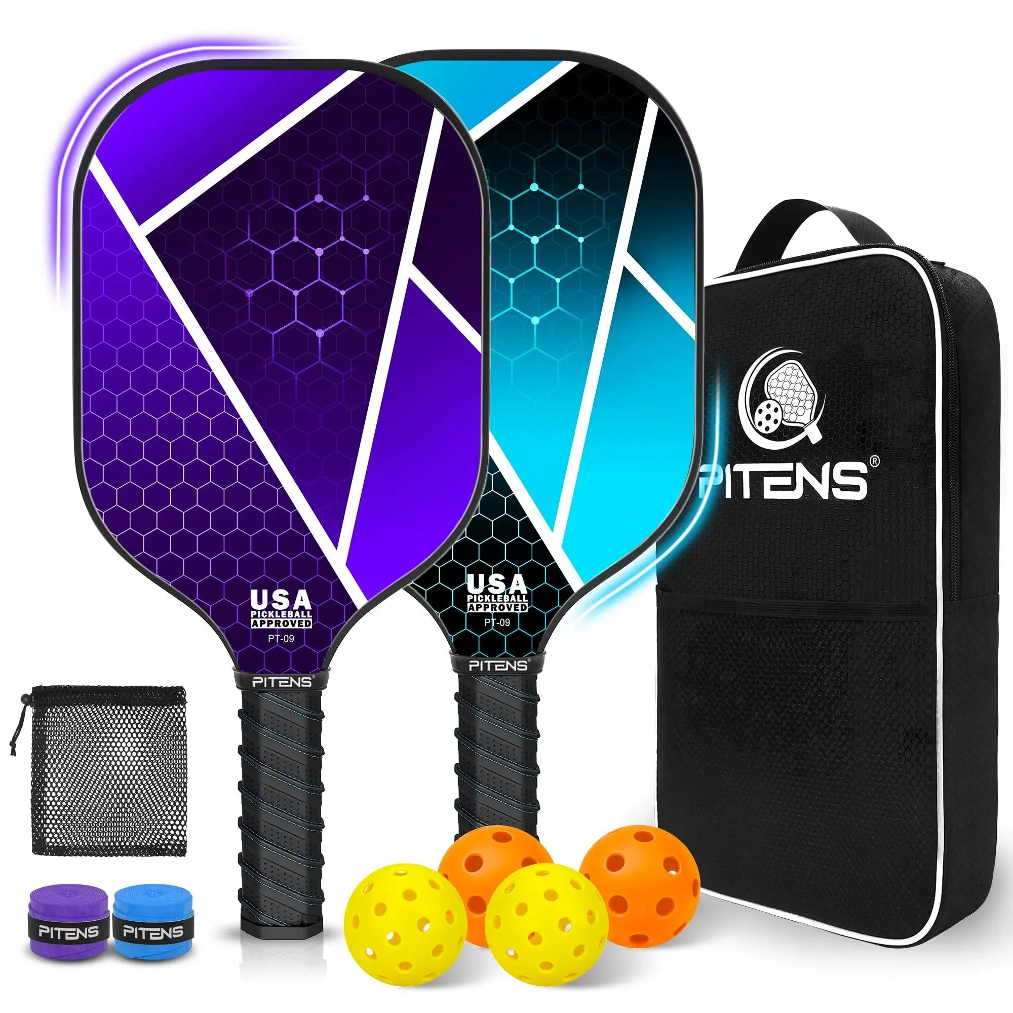 Pitens Pickleball Paddles Set of 2,Carbon Fiber and Graphite Face,Non-Slip Grip ...