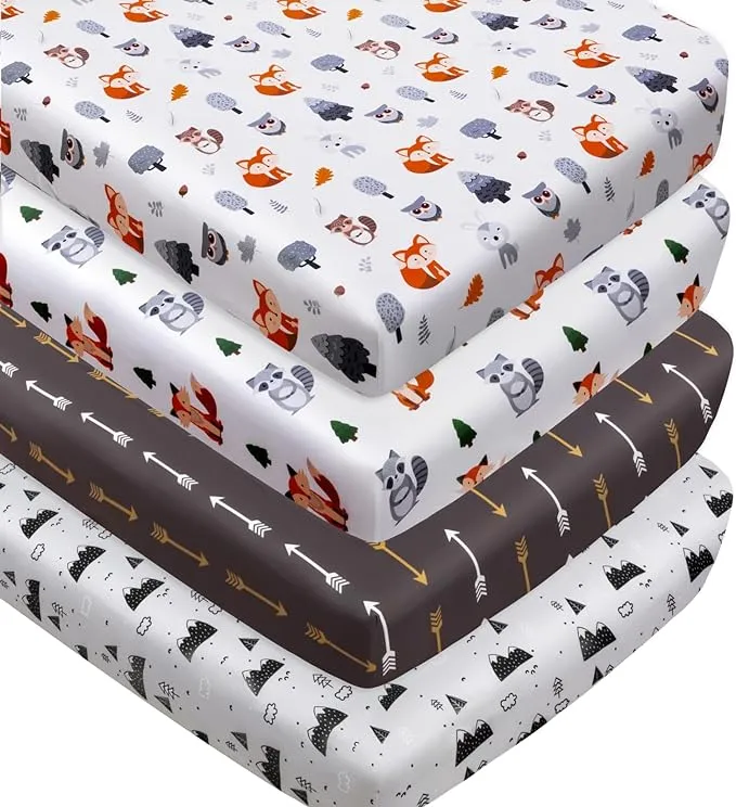 4 Pack Woodland Forest Animals Wood Neutral Unisex Fitted Baby Crib 52*28 Fox