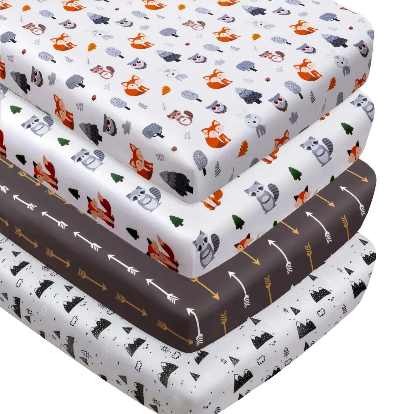 4 Pack Woodland Forest Animals Wood Neutral Unisex Fitted Baby Crib Sheets Set for Baby Boys or Girls Fox