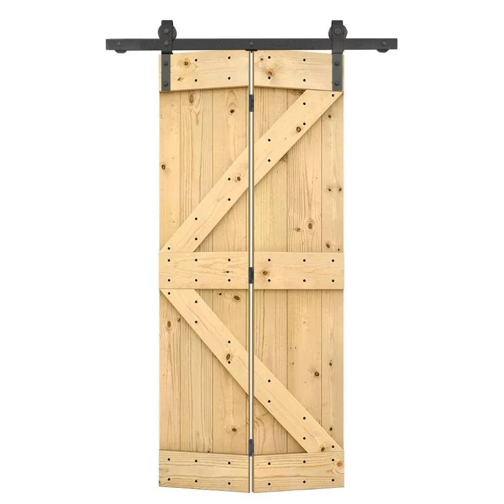 CALHOME 84 in. Mini X Series Solid Core Stained DIY Wood Bi-Fold Barn Door with Sliding Hardware Kit