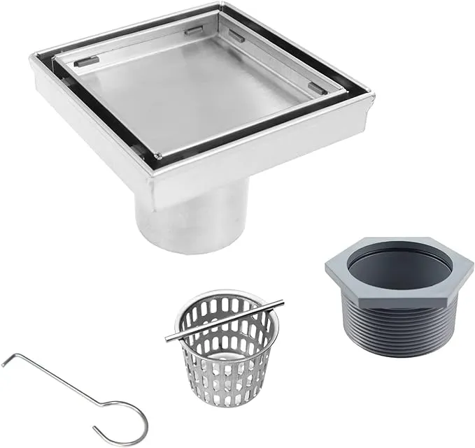 Square Shower Drain 4" with 2" PVC Flange Base, 304 Stainless Steel Tile in Floor Drain w/Tiled Insert Grate & Hair Catcher, CUPC Certified, Brushed (Brushed, 4'')