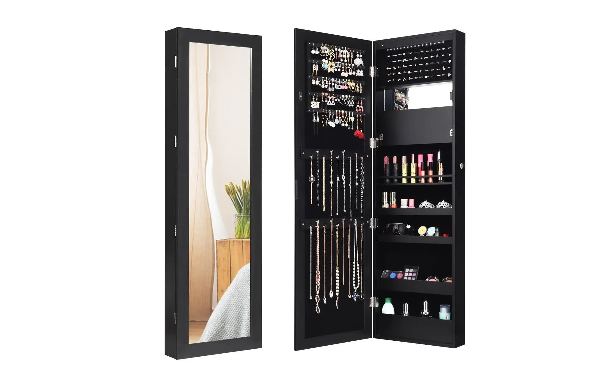 Lockable Wall Door Mounted Mirror Jewelry Cabinet Organizer with LED Light Black