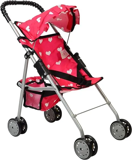 The New York Doll Collection My First Doll Stroller with Basket & Heart Design Foldable Doll Stroller Pink