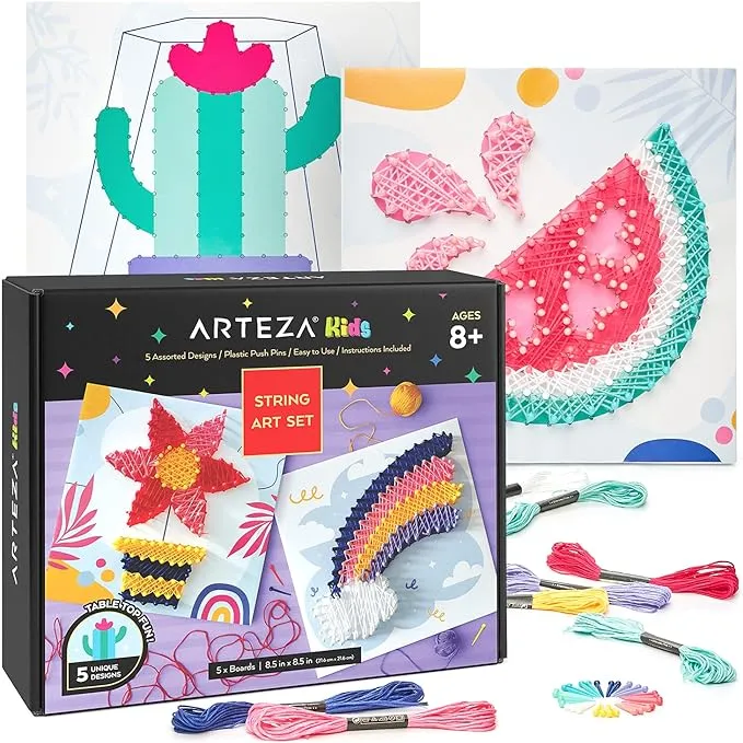 Arteza Kids String Art Kit, Set of 5 Assorted Designs, Plastic Pushpins, Art Supplies for Kids Craft Projects and Free Time Activities