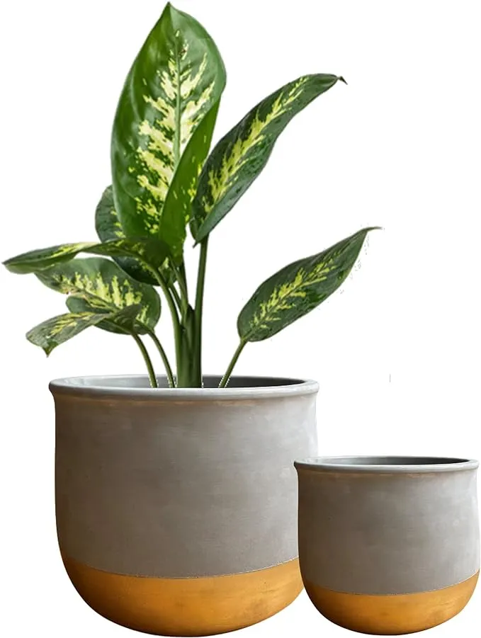 Olly & Rose Mykonos Gold Dip Ceramic Plant Pot Set 2 Indoor Planters 17cm + 12cm Outdoor Flower Pots Cement Plant Pots