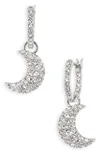 Rhodium-plated Pave Moon Charm Hoop Earrings In Silver