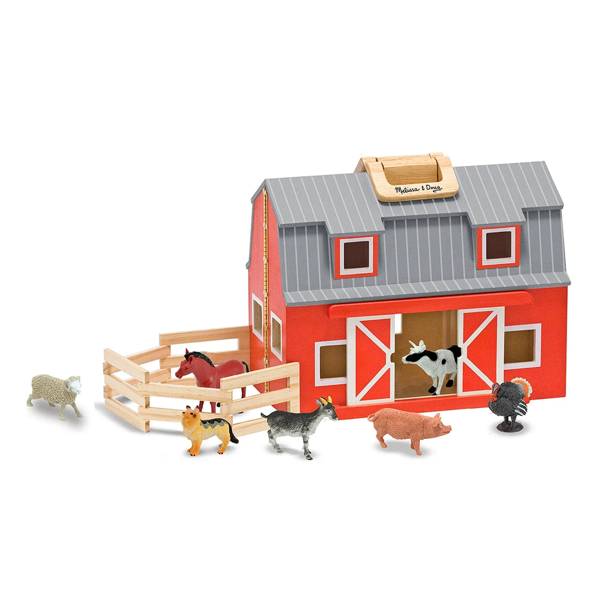 Melissa & Doug Fold and Go Wooden Barn With 7 Animal Play Figures | Farm Animals Barn Toy, Portable Toys, Farm Toys For Kids And Toddlers Ages 3+