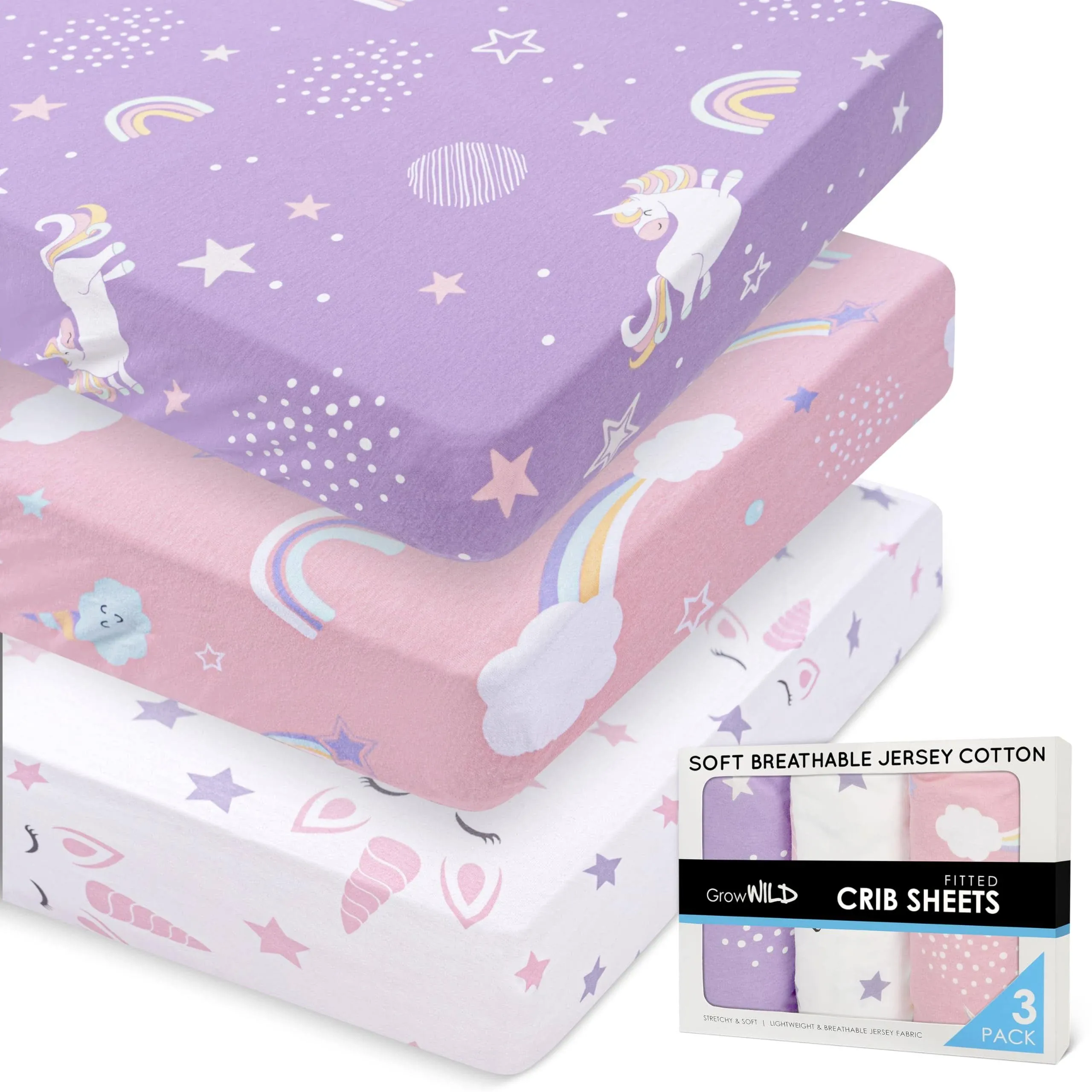 Fitted Unicorn Crib Sheets (3 Pack) by GROW WILD - Soft Jersey Cotton Crib Sheets for Girls, Cute Bed Sheets and Toddler Bed Mattress, Baby Girl Crib Bedding Set, Unicorn White Purple and Pink Sheets