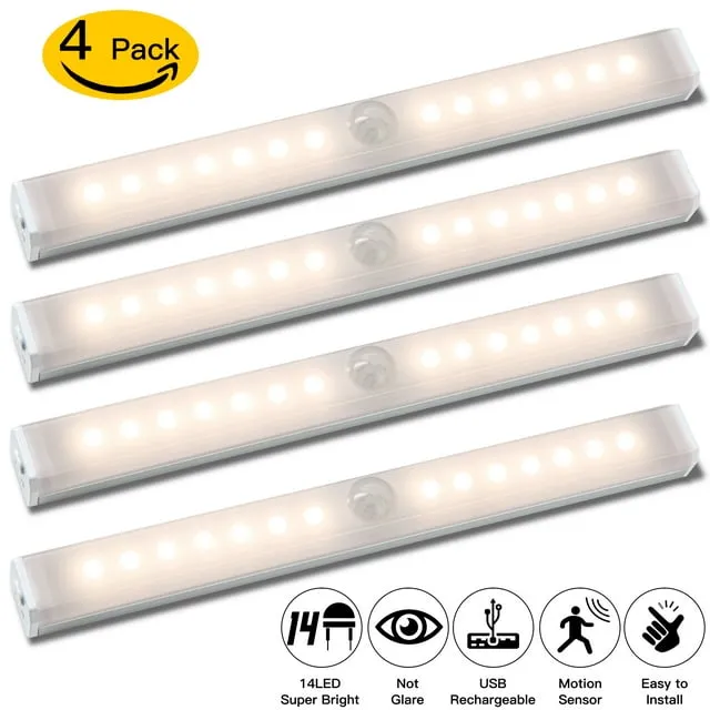 Under Cabinet Light,Wireless Motion Light, Magnetic LED Closet Light, Rechargeable Under Counter Light for Kitchen, Bedroom, Stair, Wardrobe, Hallway,Pantry, 4 Pack, Cool White(6000K)，Airtok