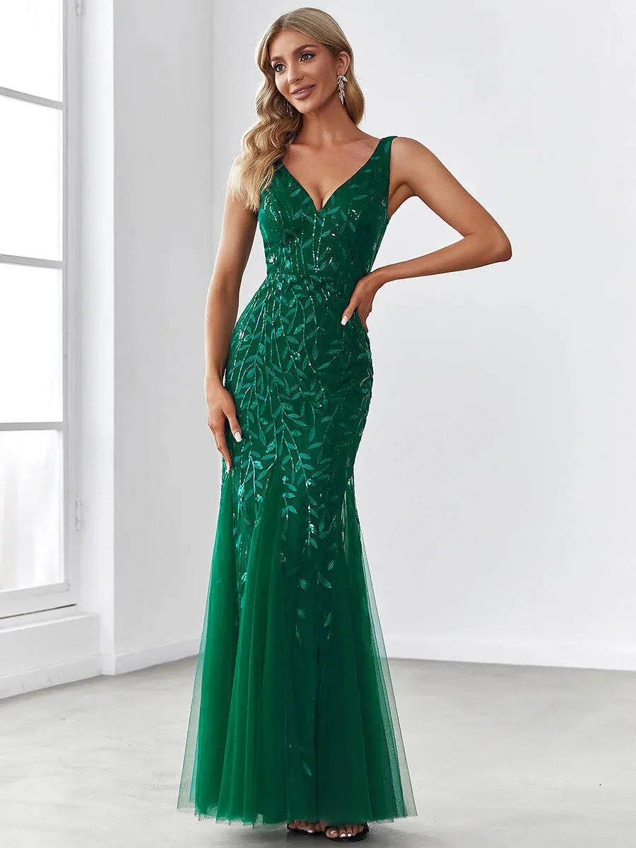 Vampal Dark Green Mermaid Maxi Dresses for Evening Wholesale Double V-Neck SE