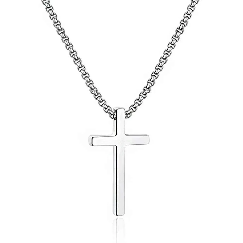 M MOOHAM Cross Necklace for Men, Silver Black Gold Stainless Steel Plain Cross Pendant Necklace for Men Box Chain 16-30 Inch