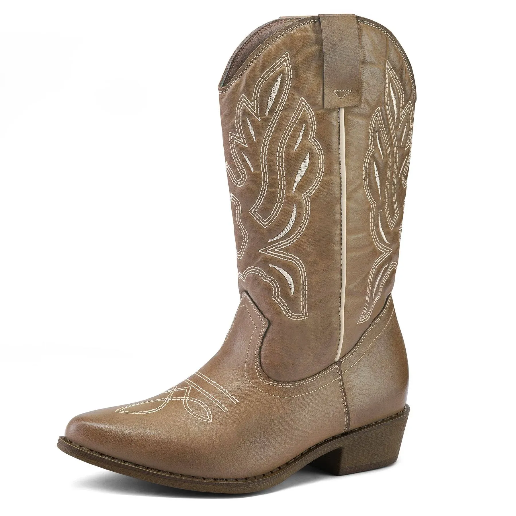 Embroidered Mid-Calf Western Light-brown Boots