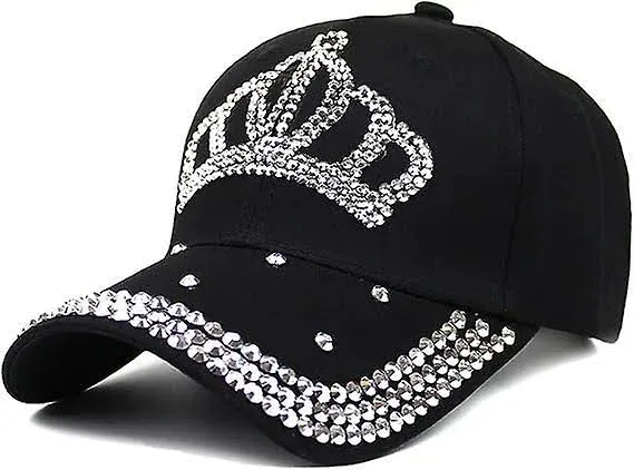 Adjustable Women’s Sparkle Bling Rhinestone Bejeweled Crown Cotton Denim Baseball Cap Hip Hop Hat Sun Cap