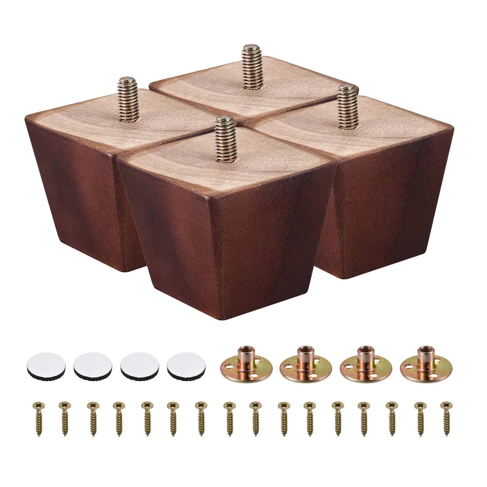 Furniture Legs, 50mm Set of 4 Square Wood Couch Legs, with Accessories, Brown