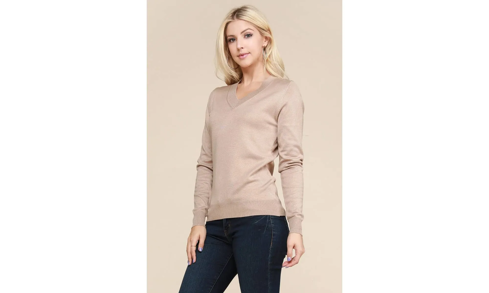 Women's JJ Perfection Doublju Simple V-Neck Pullover Soft Knit Sweater Khaki L ...