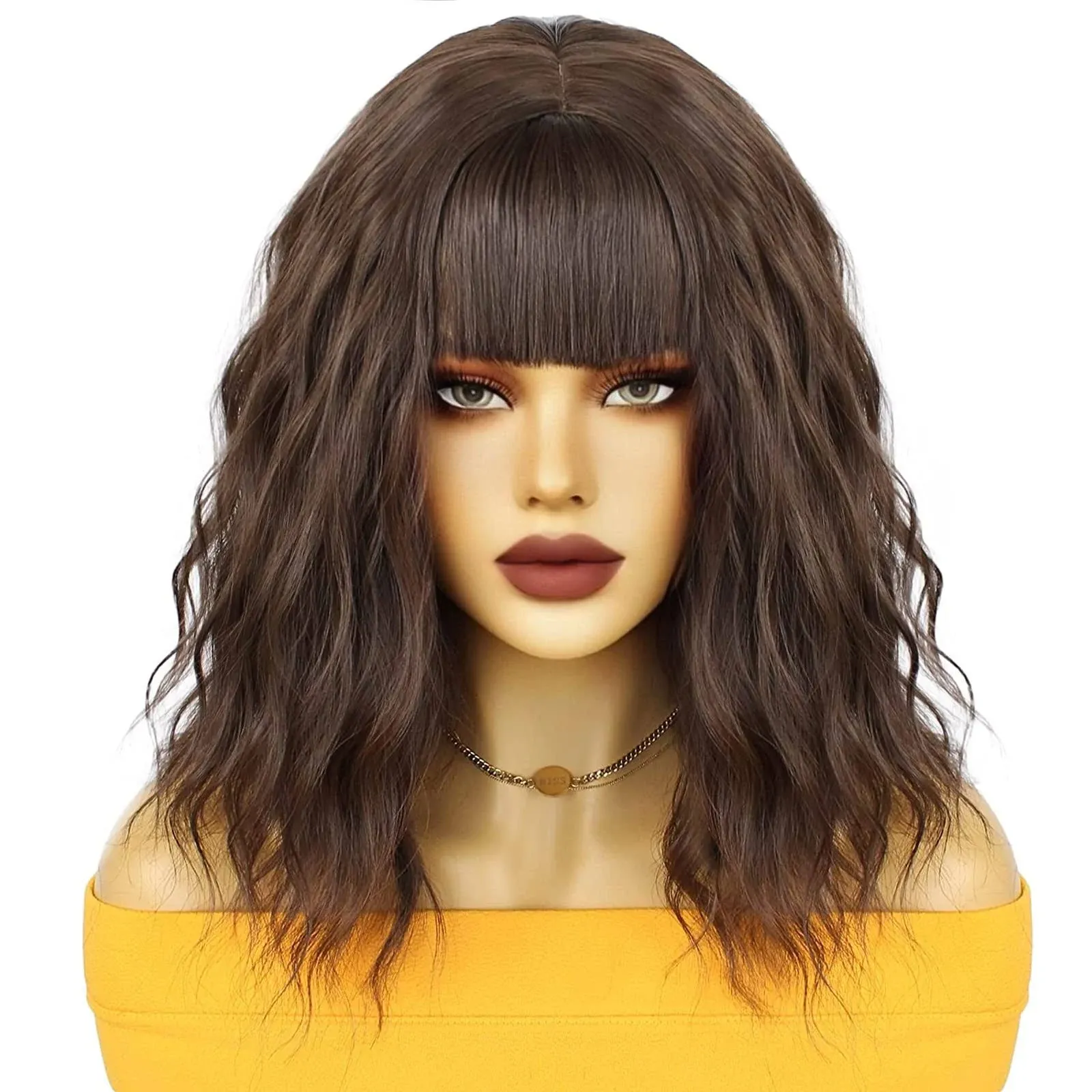 Anogol Wig Cap+Short Brown Wig with Bangs Lob Wigs Short Brown Cosplay Wig Sy...