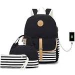 School Backpack for Teen Girls/Women, Cute College Bookbag Set Canvas Stripe Backpack with Lunch Bag Pencil Bag, Black