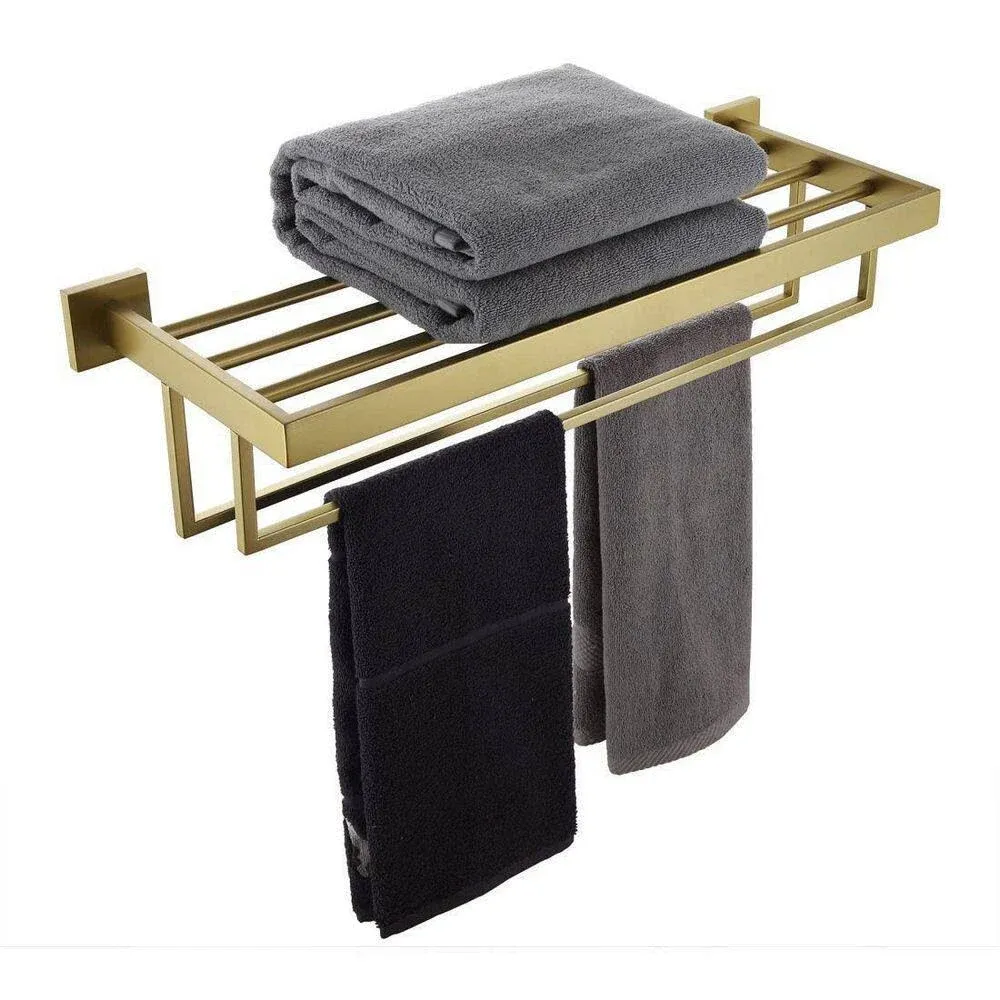 KOKOSIRI Towel Shelf Holder 24'' Bathroom Towel Rack with Two Bath Towel Bars Rails SUS304 Stainless Steel Wall Mount, Brushed Gold, B6003BG