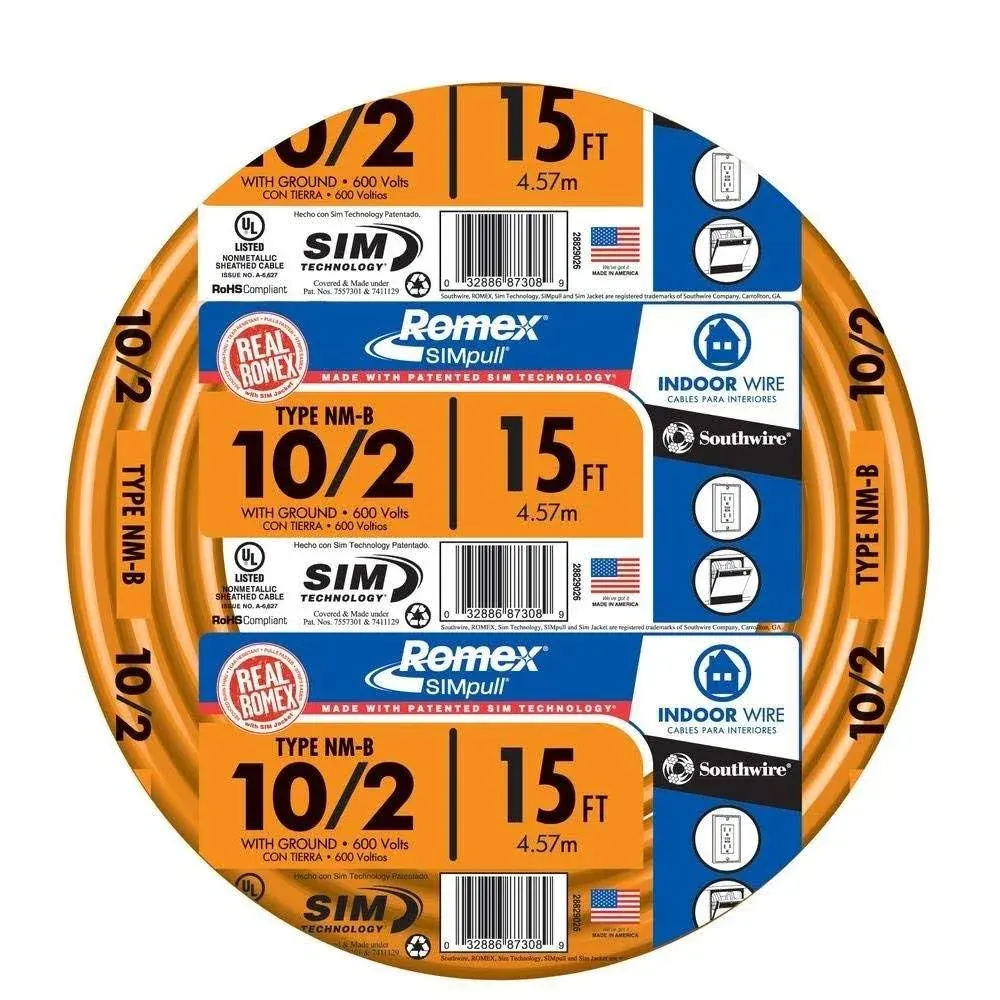 Southwire 28829026 10/2 AWG Romex SIMpull 15' NM-B Cable with Ground