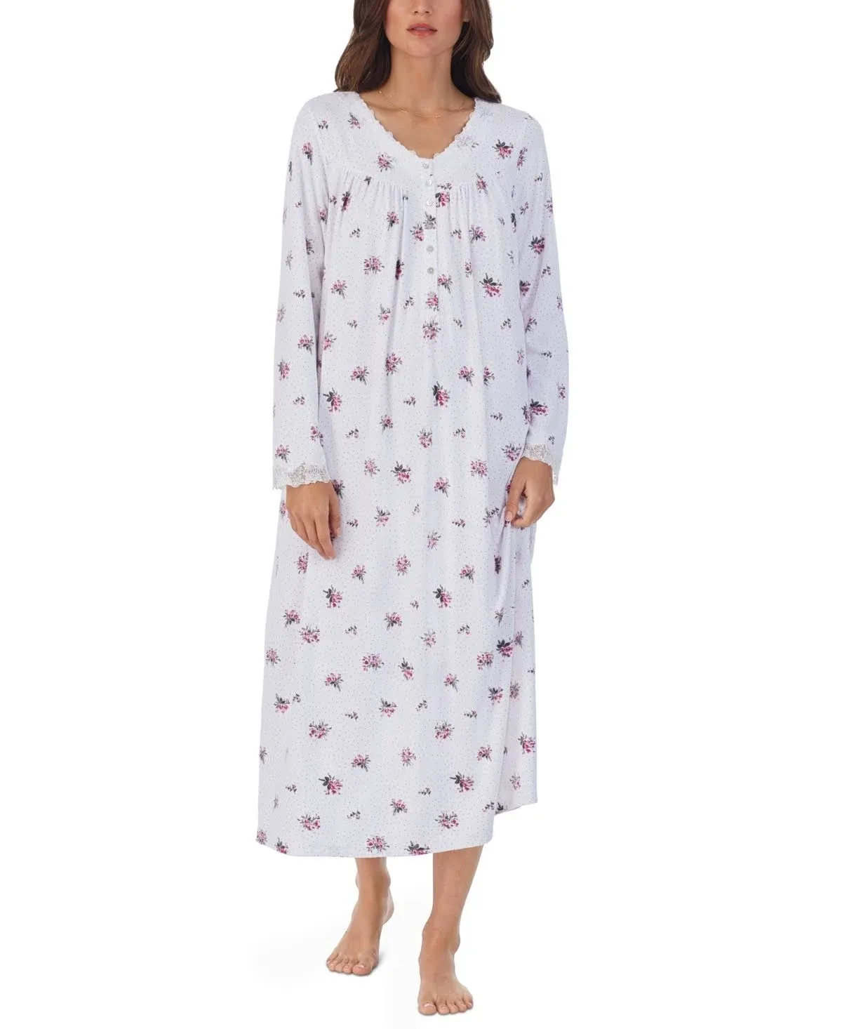 Eileen West Bouquet Print Sweater Knit Long Sleeve V-Neck Nightgown - Xs