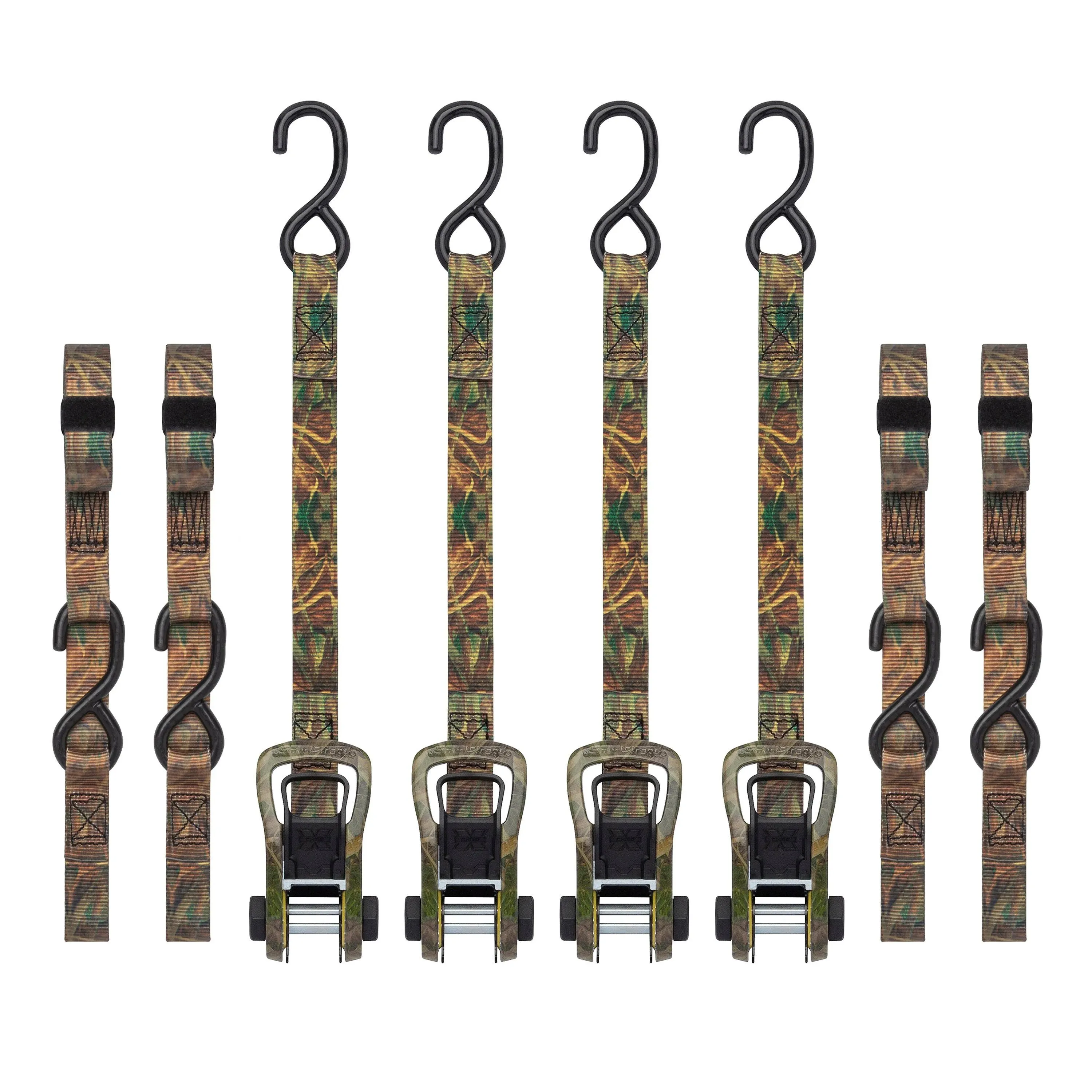 SmartStraps 14’ Camo X Ratchet Straps, 4 Pack — Standard Duty Camo Ratchet Straps, 1,500lb Break Strength, 500lb Safe Work Load — Haul Dirt Bikes, ATVs, and Lawn Tractors with Patented Technology